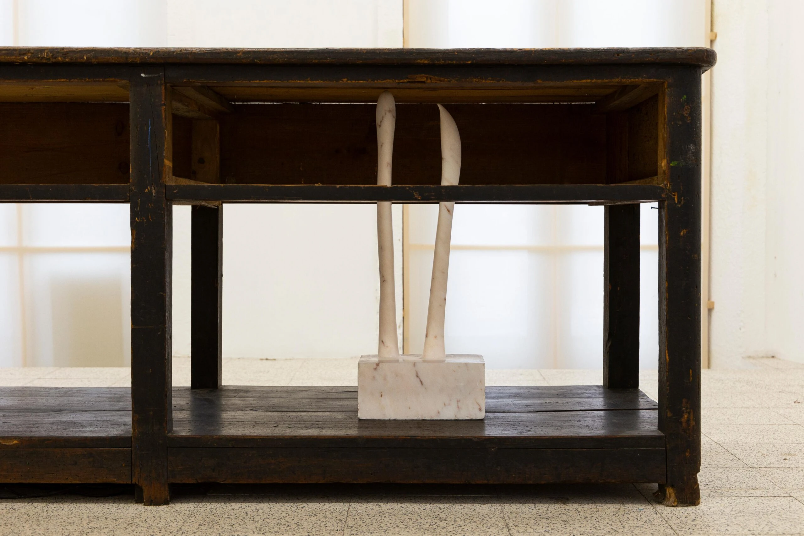 Self-portrait (2nd version) , 2025 Painted ceramics, found objects, painted mdf 136 x 38 x 29 cm